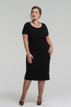 Черный Элегантное платье средней длины, с короткими рукавами и полукруглым вырезом горловины. Фасон модели "футляр" - отлично подчеркивает все достоинства фигуры, при этом придавая стройность и женств