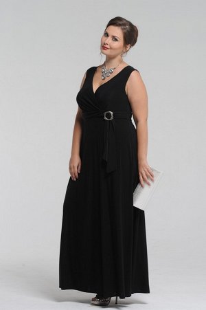 Черный Женственное длинное платье, без рукавов. Глубокий "V - образный" вырез и завышенная талия красиво подчеркивают грудь и придают стройность, маскируя все нюансы полной фигуры. А эффект завязанной