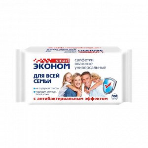 Салфетки влажные Эконом smart, для Всей Семьи, универсальные, 100шт, Антибактериальные, Без спирта, для всех типов кожи. пр.Россия Авангард