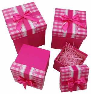 Набор коробок 4в1 квадрат Кантри Розовый с бантом 12х12х10 14х14х13 16х16х16 17,5х17,5х18 см