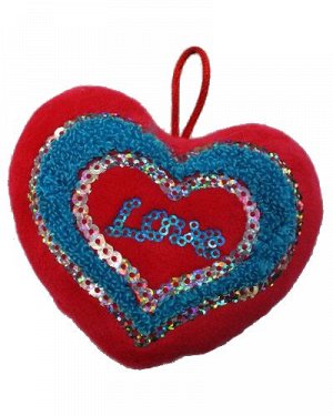 Мягкая игрушка - подвеска Сердце красное с паетками и синей вышивкой (компл.=12 шт.)