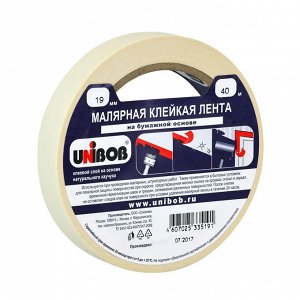 Unibob, Лента клейкая малярная белая 19 мм х 40 м, Унибоб