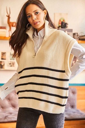 Женский кожаный свитер в полоску на молнии с высоким воротником, объемный трикотаж SVT-00000019
