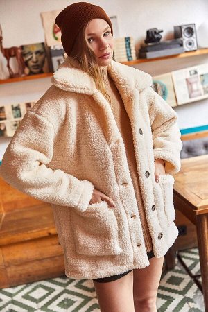 Женская плюшевая куртка большого размера без подкладки на пуговицах и карманах цвета экрю CKT-19000328