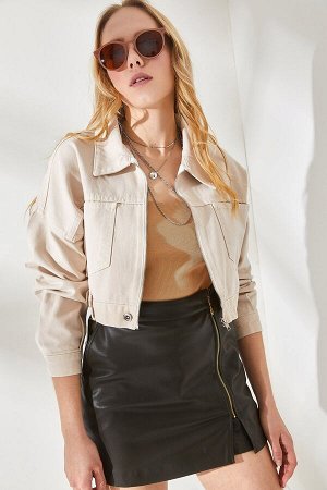 Женская укороченная куртка на молнии с карманами и камнями CKT-19000335