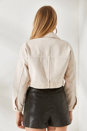 Женская укороченная куртка на молнии с карманами и камнями CKT-19000335