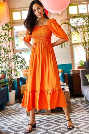 Женское оранжевое платье-бодрум с блестками и квадратным воротником ELB-19001557