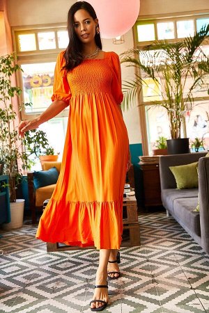 Женское оранжевое платье-бодрум с блестками и квадратным воротником ELB-19001557