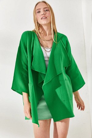 Женская муслиновая куртка оверсайз с карманами и шалевым воротником травяного цвета CKT-19000338
