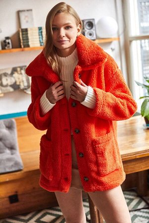 Женская оранжевая плюшевая куртка большого размера на пуговицах и карманах без подкладки CKT-19000328