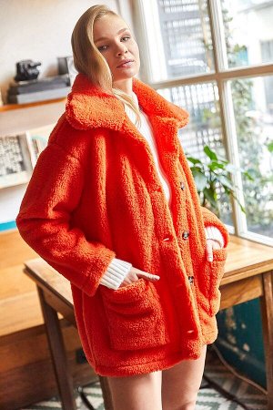 Женская оранжевая плюшевая куртка большого размера на пуговицах и карманах без подкладки CKT-19000328
