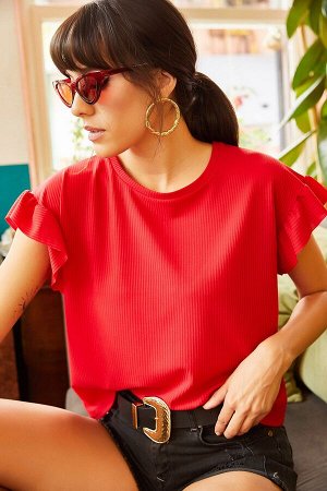 Женская футболка с оборками на бретелях с красными рукавами TSH-19000417