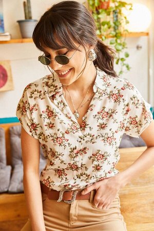Женская рубашка из вискозы "летучая мышь" с цветочным принтом цвета экрю GML-19000616