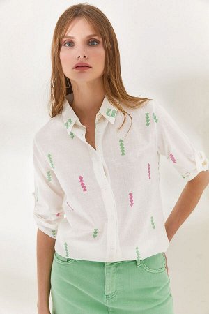 Женская льняная рубашка Arrow Green Pink со складками на рукавах GML-19000825