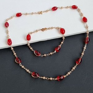 Комплект: ожерелье, серьги и браслет, покрытие: дубайское золото, цвет камней: красный, 54168,арт. 214.205