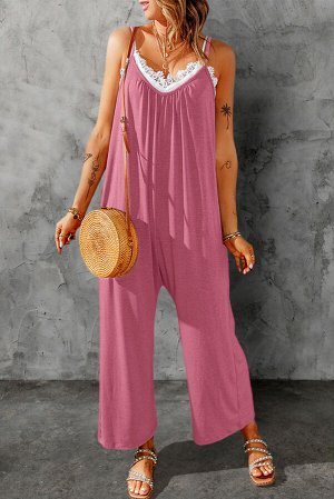 Pink Red Spaghetti Straps Wide Leg Pocketed Jumpsuits