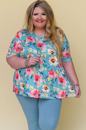 Sky Blue Plus Size Floral Print Short Sleeve Flowy Top