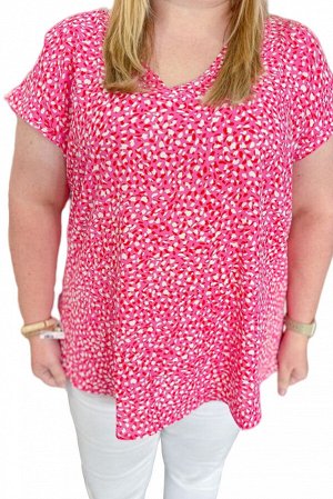 Pink Spot Print Short Sleeve V-Neck Plus Size Blouse