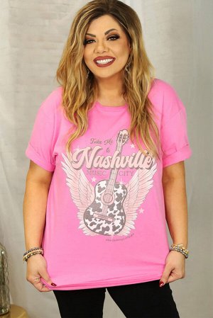 Rose Nashville Music City Guitar Graphic Print Plus Size T Shirt