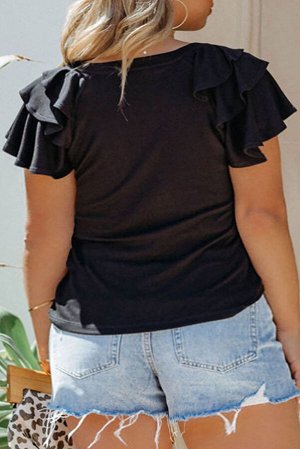Black Solid Color Ruffle Tiered Sleeve Plus Size Tee
