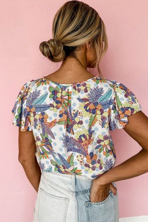 Sky Blue Floral Buttoned Round Neck Ruffled Sleeve Blouse