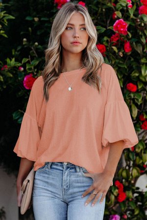 Pink Joint Bubble Sleeve Round Neck Blouse