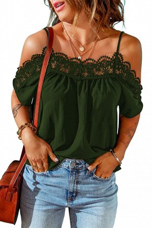 Green Crochet Neckline Off-shoulder Short Sleeve Top
