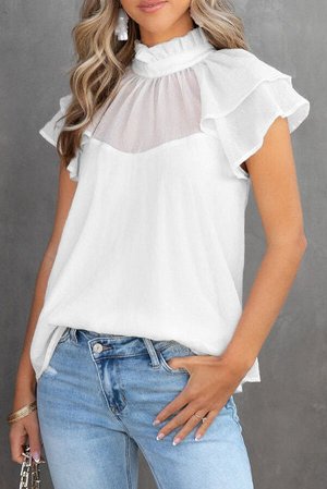 White Sheer Ruffle Sleeve Splice Mock Neck Blouse