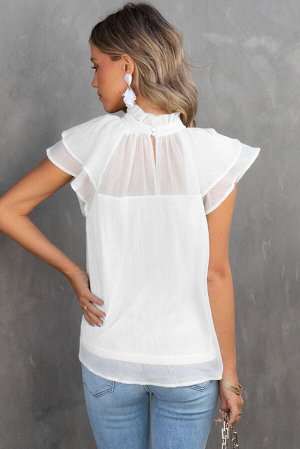 White Sheer Ruffle Sleeve Splice Mock Neck Blouse