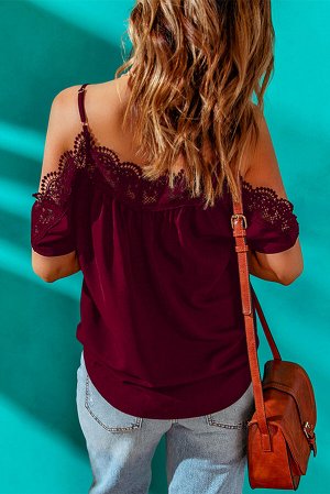 Red Crochet Neckline Off-shoulder Short Sleeve Top