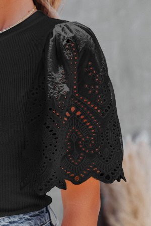Black Scalloped Eyelet Sleeve Ribbed Knit Top