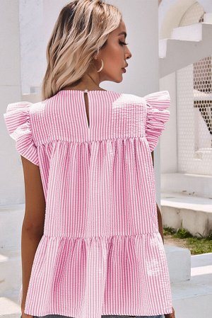 Pink Striped Print Flutter Sleeve Gathered Top