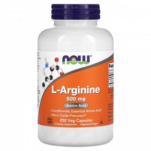 NOW Foods, L-аргинин, 500 мг, 250 вегетарианских капсул