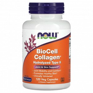 NOW Foods, BioCell Collagen, гидролизованный тип 2, 120 растительных капсул