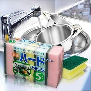 AJWA/ Губка для мытья посуды с абразивным слоем (жёсткая) 5 штук, Япония