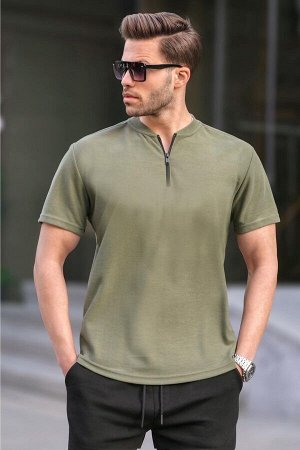 Зеленая мужская футболка цвета хаки с воротником-молнией 6086
