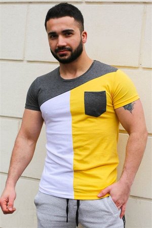 Желтая футболка с круглым вырезом и карманом 3015 TYC00005225148