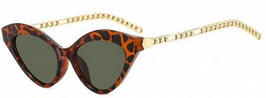 Женские зеленые солнцезащитные очки "Кошачий глаз" с дужками-цепочками, леопардовая оправа + чехол