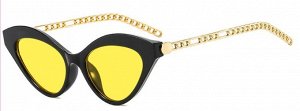 Женские желтые солнцезащитные очки "Кошачий глаз" с дужками-цепочками, черная оправа + чехол