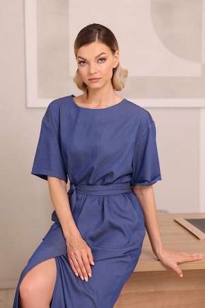 Платье с коротким рукавом и разрезом, цвет синий