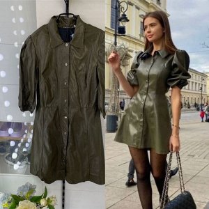 Платье женское кожаное кожзам повседневное цвета хаки
