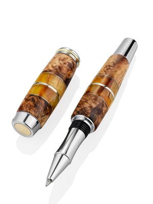 Эксклюзивная ручка из карельской берёзы с живописными янтарными вставками
