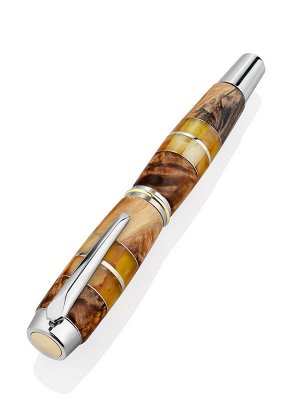 Эксклюзивная ручка из карельской берёзы с живописными янтарными вставками