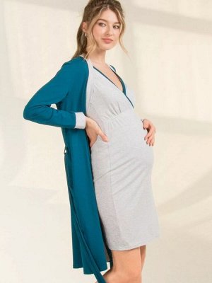 Комплект для беременных и кормящих из хлопка: халат и сорочка (т. морская волна)