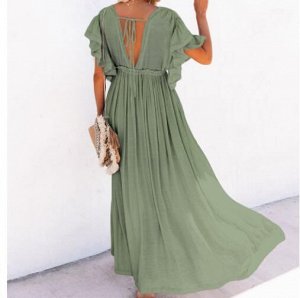 Платье с глубоким Vобразным вырезом на завязках,открытая спина ,пуговицы по все длине,короткий рукав с воланом,зеленое