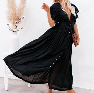 Платье с глубоким Vобразным вырезом на завязках,открытая спина ,пуговицы по все длине,короткий рукав с воланом,черное