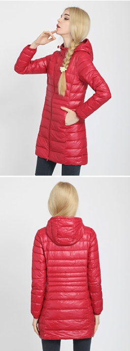 Женская удлиненная ультралегкая куртка  С КАПЮШОНОМ, цвет красный