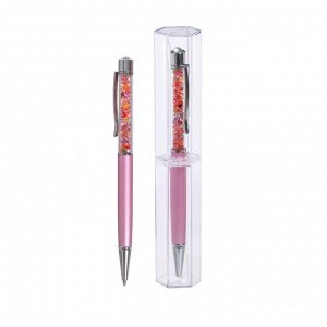 Ручка подарочная шариковая в пластиковом футляре поворотная Стразы розовая с серебром