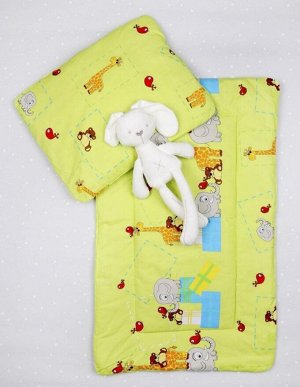 Комплект утепленный в коляску 2 предмета: матрасик и подушка шерсть цвет №21 Жирафы и слоны (салатовый)