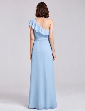 Нежное вечернее голубое платье с воланом на одно плечо